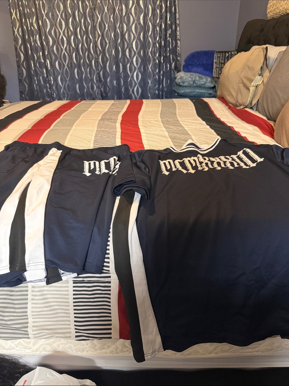 Men's Navy Athletic Short and Jersey Set with White Stripe